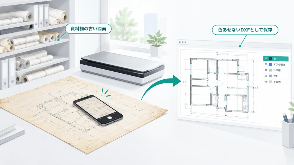 画像からDXFへ変換: 紙の図面をデータ化