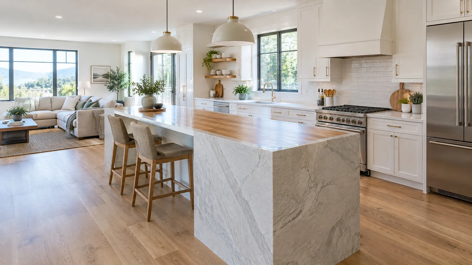 How to design open floor plans around a kitchen island sized 10 to 12 feet long