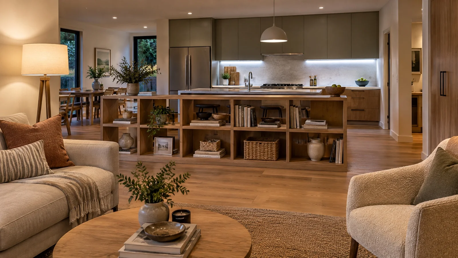 Zoning an open floor plan with low shelving and layered lighting instead of walls