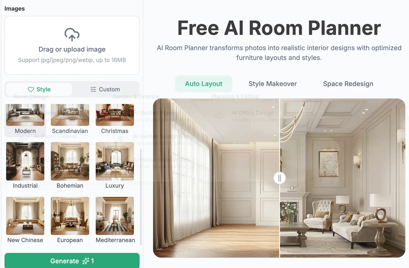 Supplied RoomDesign interface screenshot. Industrial is available; Modern is selected, and the large comparison is a page example.