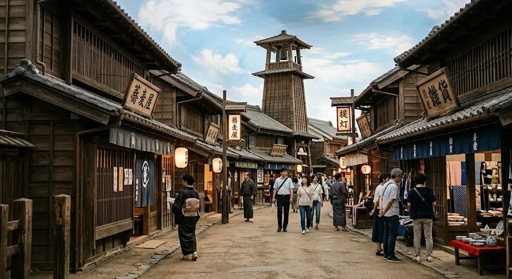 A wide-angle interior photograph of a meticulously recreated Edo-period street in Osaka, showing traditional two-story wooden merchant houses, hanging shop banners, and a tall wooden watchtower under a bright ceiling.