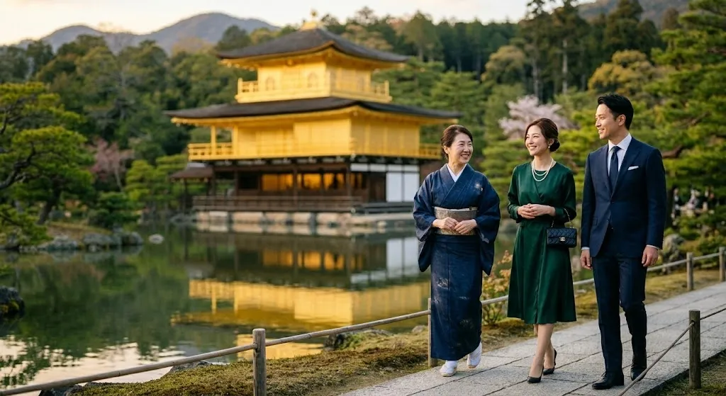 An elegant couple on an exclusive, private guided tour stands on an empty pathway admiring the magnificent Golden Pavilion temple across a scenic pond in Kyoto.