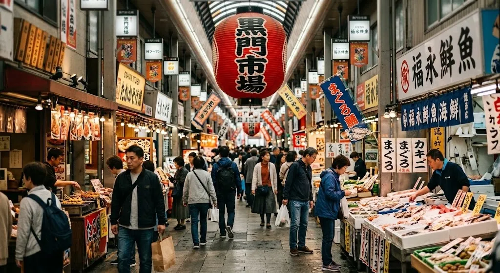 A wide view inside the covered Kuromon Ichiba Market in Osaka, featuring a massive hanging red paper lantern, colorful storefronts, and shoppers walking down the busy pedestrian aisle.