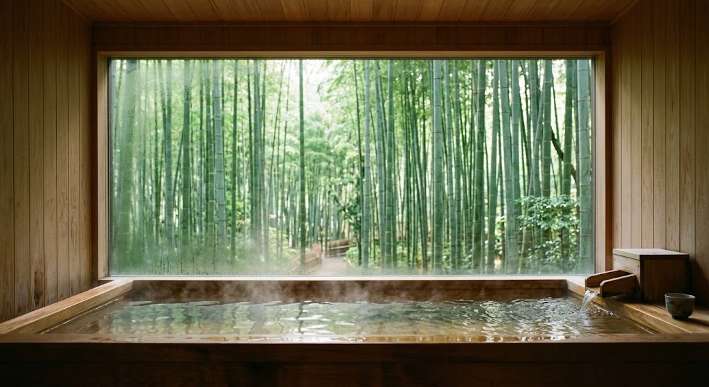 A first-person view of a steaming indoor wooden bath overlooking the lush green bamboo stalks of Arashiyama through a large, clear floor-to-ceiling window during a peaceful morning.