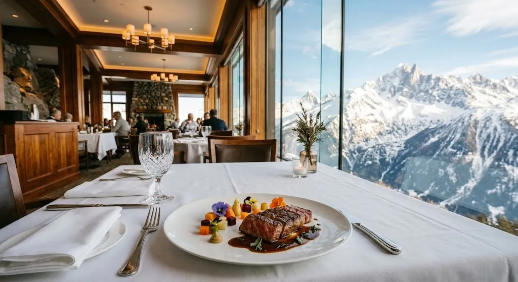 A beautifully plated dish of seared Wagyu beef sits on a luxury restaurant table in front of large windows showcasing a stunning, sunlit vista of snowy Japanese mountains.