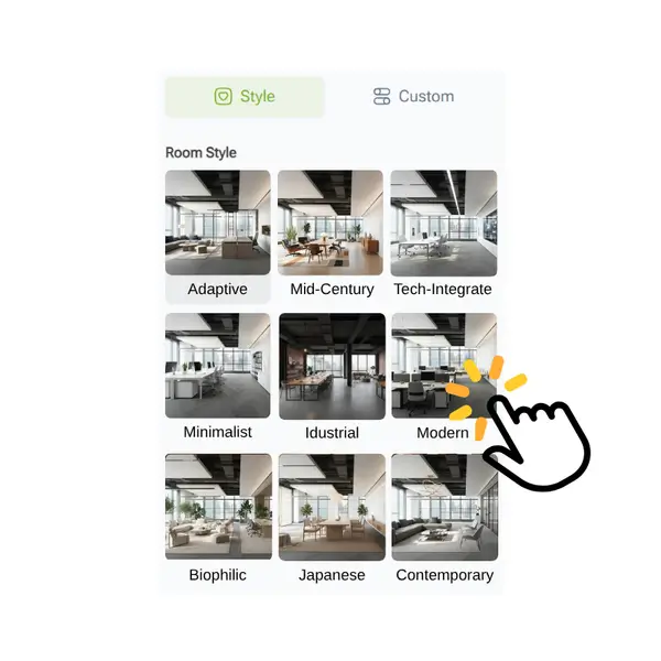 Generador de Diseño de Oficina con IA - Paso 2: Selecciona un Estilo o Ingresa un Comando