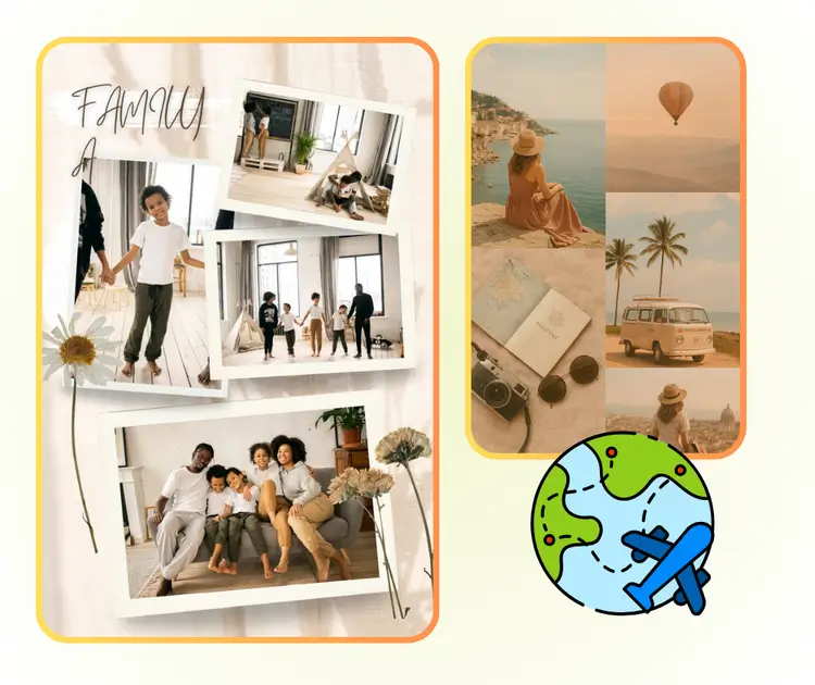 AIフォトコラージュメーカー：旅行、家族、特別なイベントの個人アルバム整理