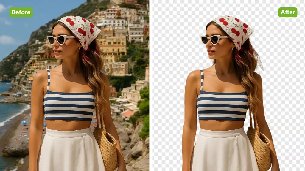 AI Transparent Background Maker Sample: woman with background | VisualGPT