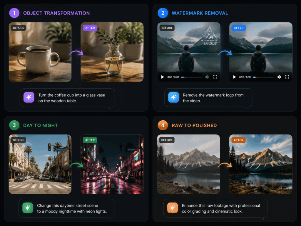 Gemini Omni video editing features — object replacement, watermark removal, scene rewriting, and video remix demonstrated with before and after examples