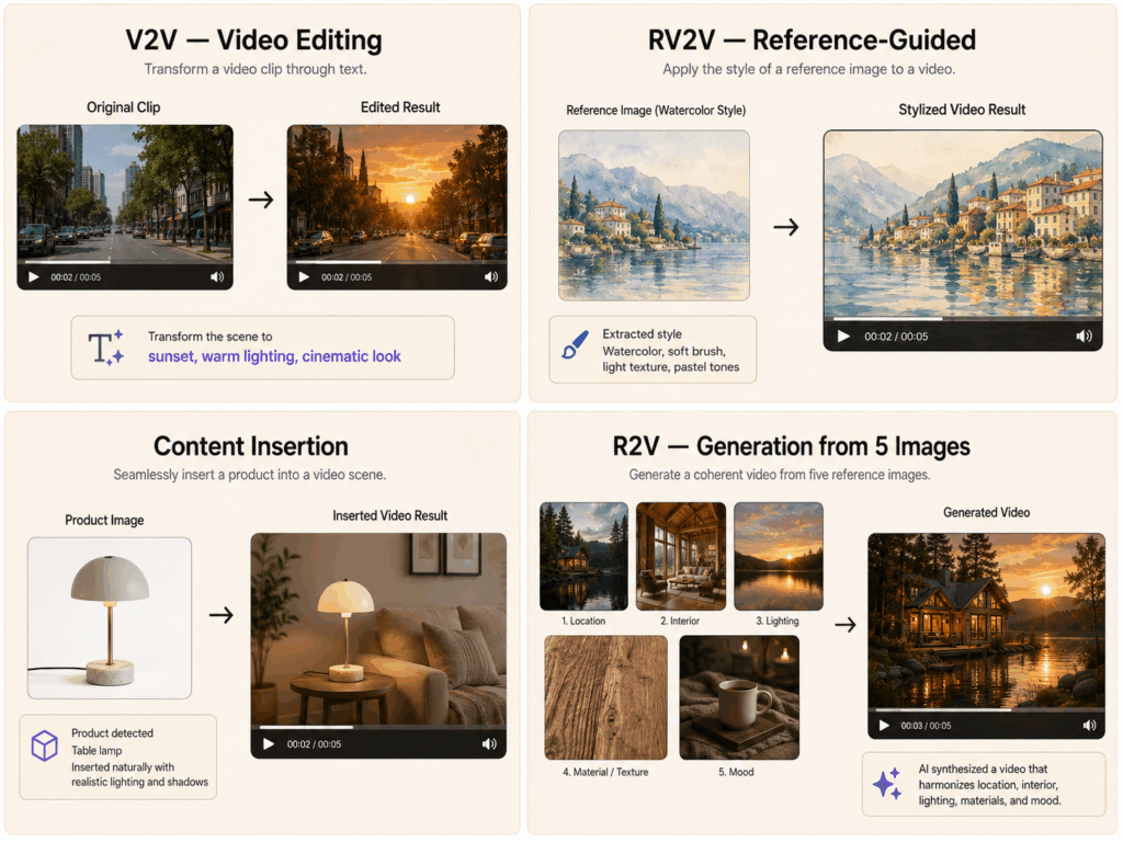 Bernini AI framework supports four video modes — V2V editing, reference-guided editing, content insertion, and reference-to-video generation