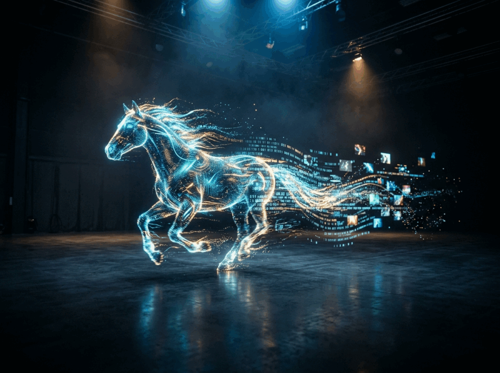 A glowing digital horse composed of light particles and code fragments galloping through a dark studio, representing AI video generation technology.