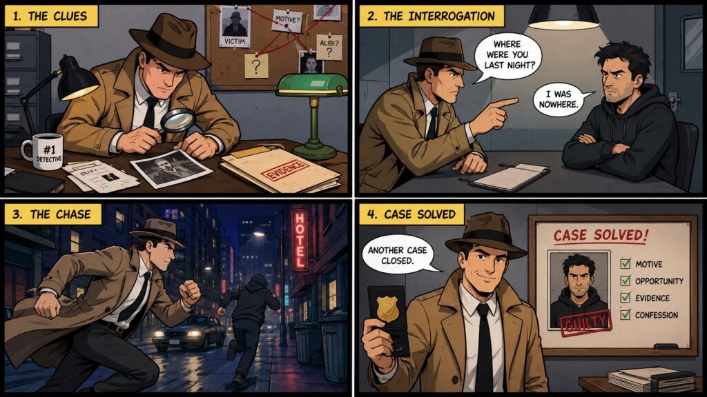 Simple AI comic strip showing detective investigation workflow