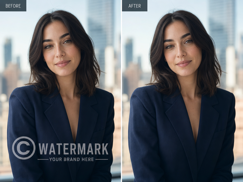 Semi-transparent copyright watermark removed from professional headshot