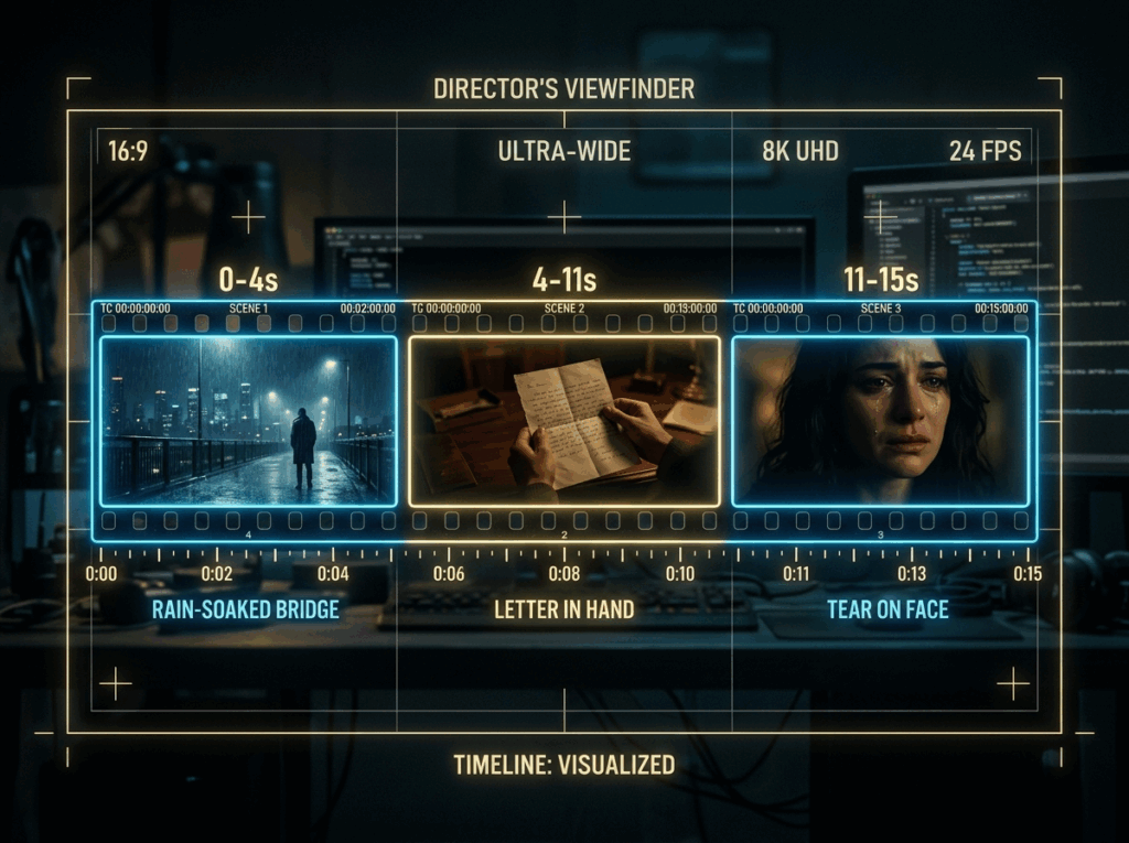 Seedance prompt timing control: glowing film timeline divided into 0-4s, 4-11s, 11-15s segments, VisualGPT tutorial illustration.