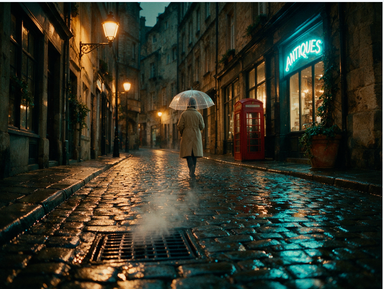 Cinematic Night Scene — Rainy European Street