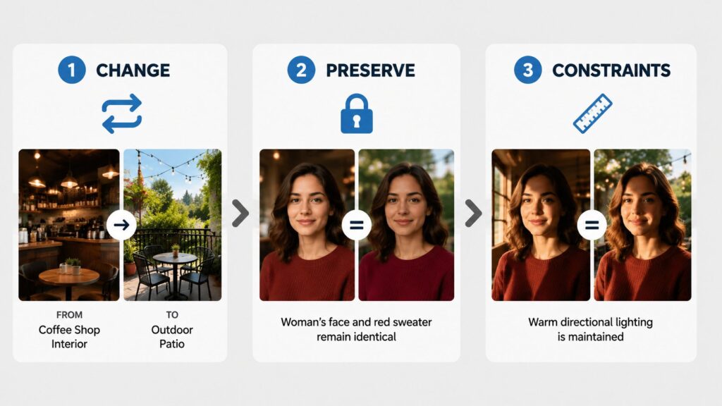 Three-step diagram showing GPT Image 2 iterative editing workflow: Step 1 change one element (background from indoor to outdoor), Step 2 preserve key elements (subject pose and clothing), Step 3 maintain constraints (lighting direction), with before and after image examples.