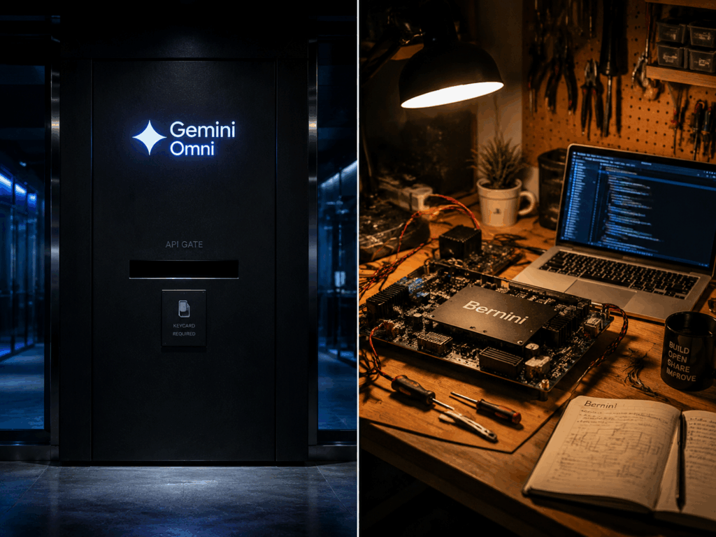 Closed-source Gemini Omni API gate versus open-source Bernini framework — transparency and self-hosting compared