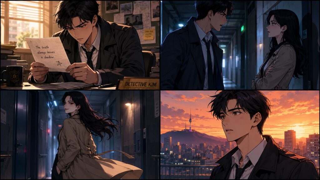 AI comic strip showing detective Kai storyline with consistent characters across 4 panels