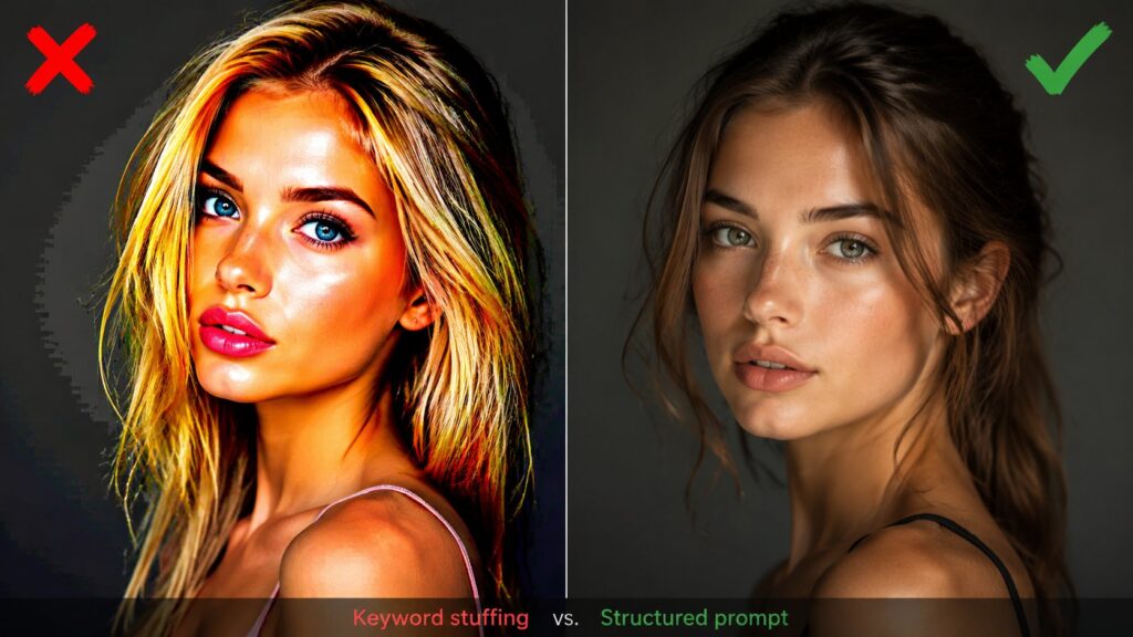 Side-by-side comparison of GPT Image 2 outputs — left generated from a keyword-stuffed prompt (over-saturated, artifact-heavy, unnatural) versus right from a clean structured prompt (natural, balanced, photorealistic), illustrating why less is more in AI prompting.