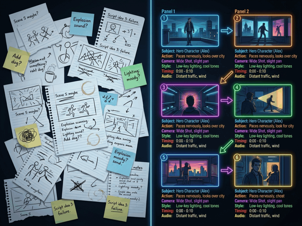 Seedance prompt structure guide: split-screen of messy notes vs clean 6-panel storyboard, VisualGPT infographic.