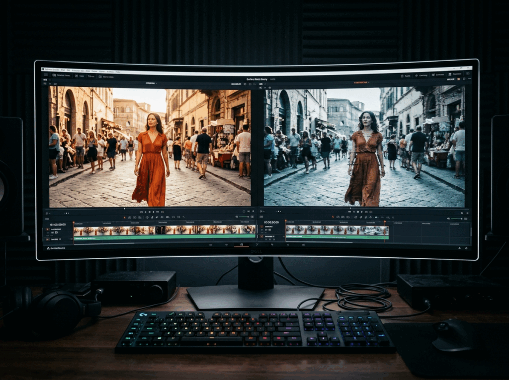 Side-by-side video comparison on a curved monitor: the left panel shows smooth cinematic footage of a woman walking through a golden-hour street while the right panel displays AI artifacts and motion jitter.