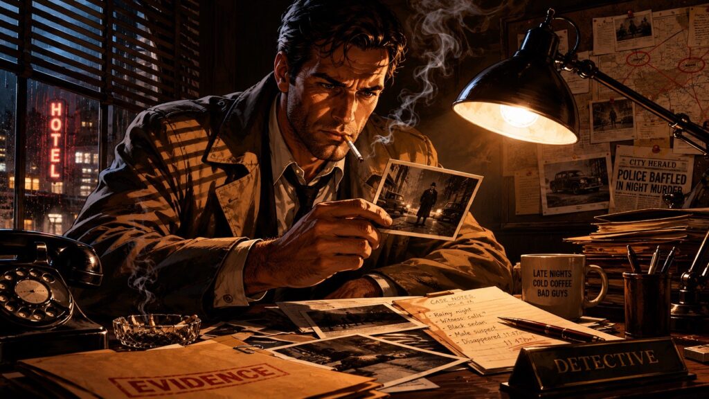 Noir-style professional comic panel with atmospheric lighting 
