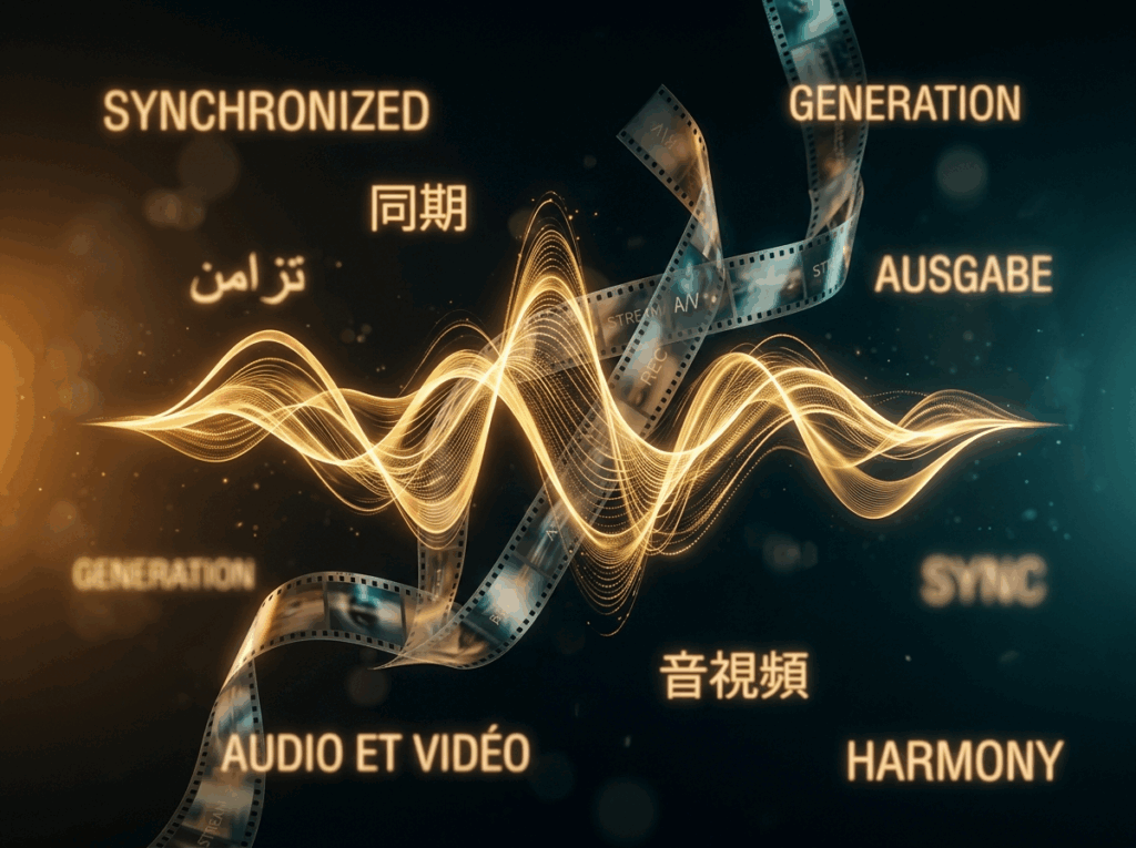Abstract visualization of synchronized audio-video generation showing golden sound waveforms intertwining with translucent film strips in a dark void with multilingual text elements.