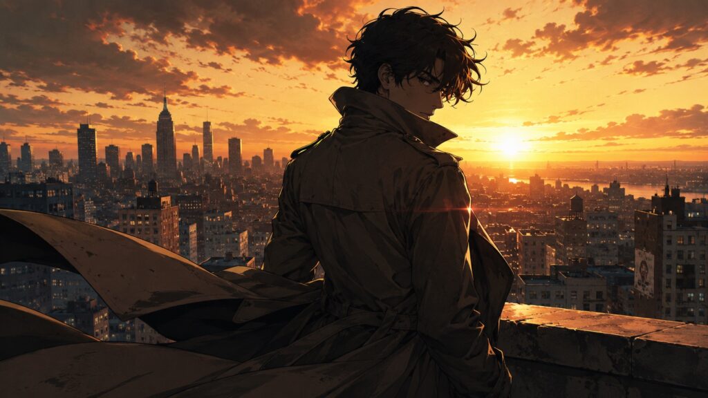 Cinematic anime-style comic panel of detective on rooftop at golden hour