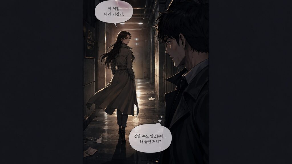 Vertical webtoon comic panel with dramatic lighting in a corridor scene