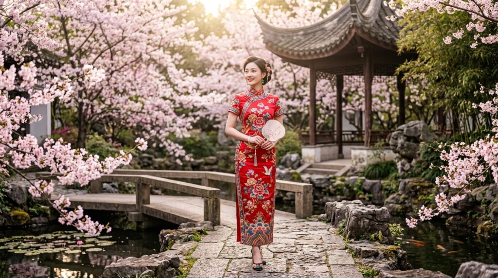 A woman wearing a vibrant traditional Chinese Qipao
