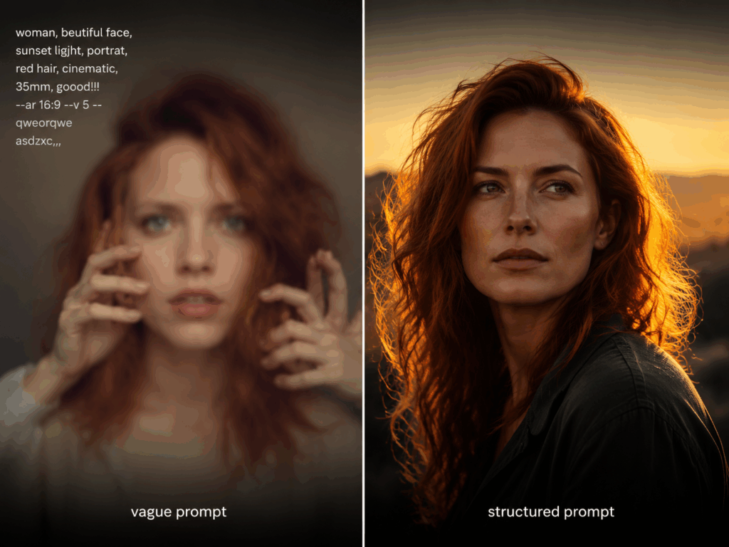 Side-by-side comparison of two GPT Image 2 outputs — one from a vague prompt (left, blurry and inconsistent) and one from a structured prompt (right, sharp and cinematic), demonstrating how prompt structure affects AI image quality.