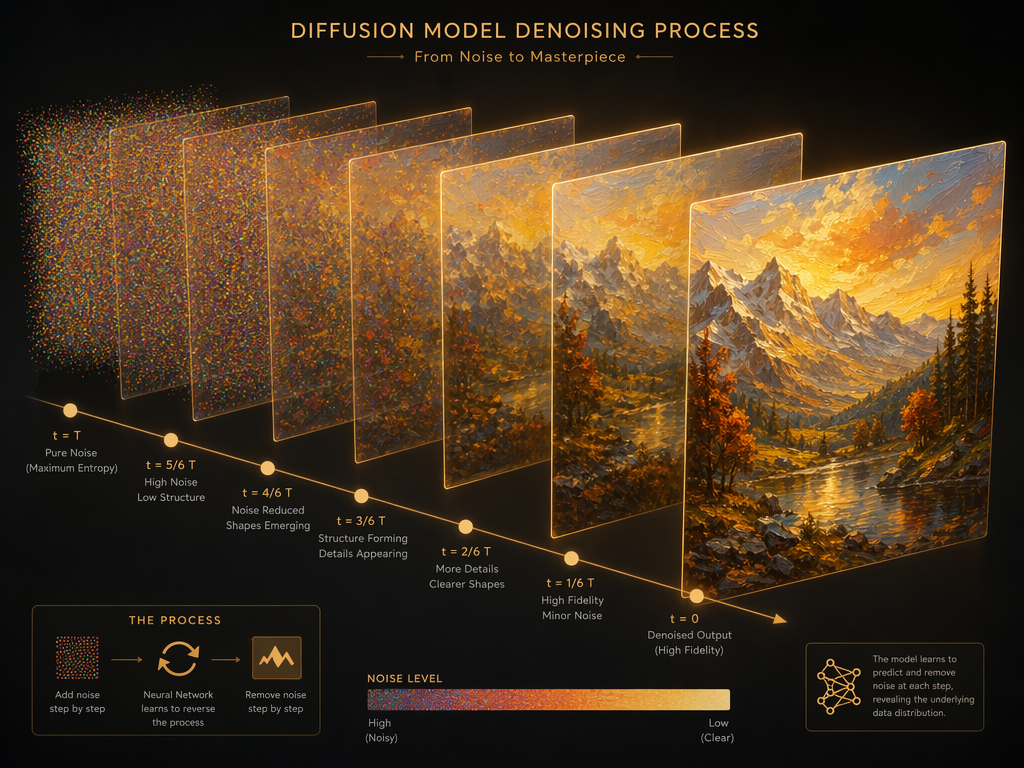 Visualization of Nano Banana 2's diffusion-based architecture showing noise gradually resolving into a clear oil painting through iterative denoising steps