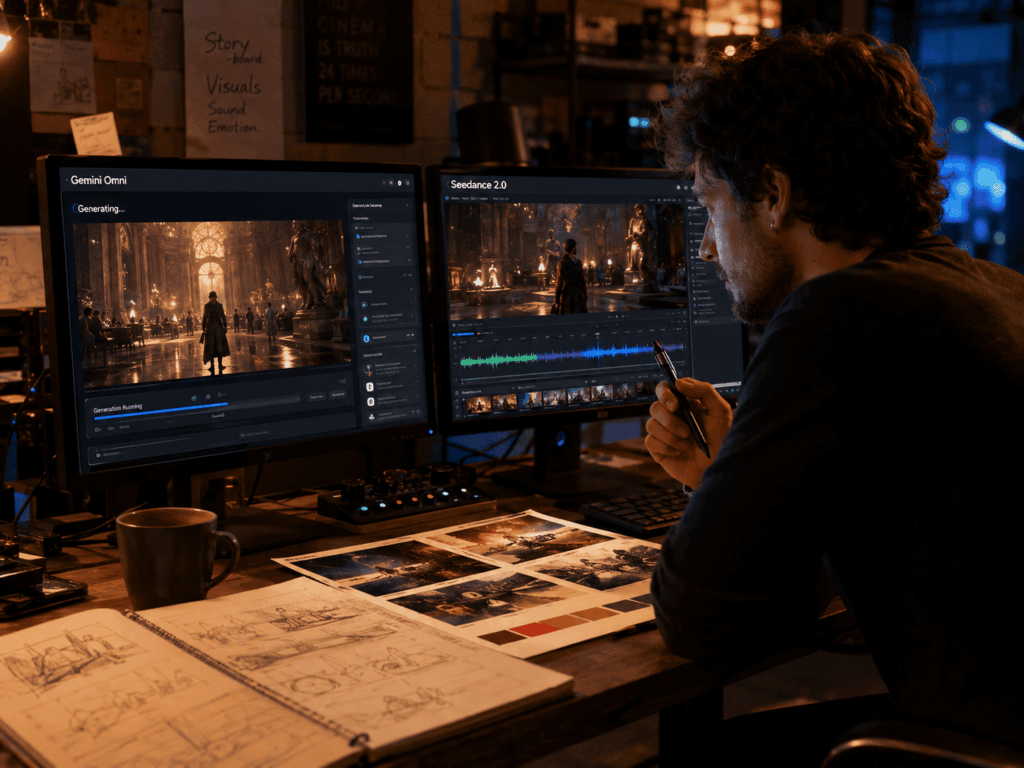 Video creator comparing Gemini Omni and Seedance 2.0 AI video outputs side by side on dual monitors in a creative studio