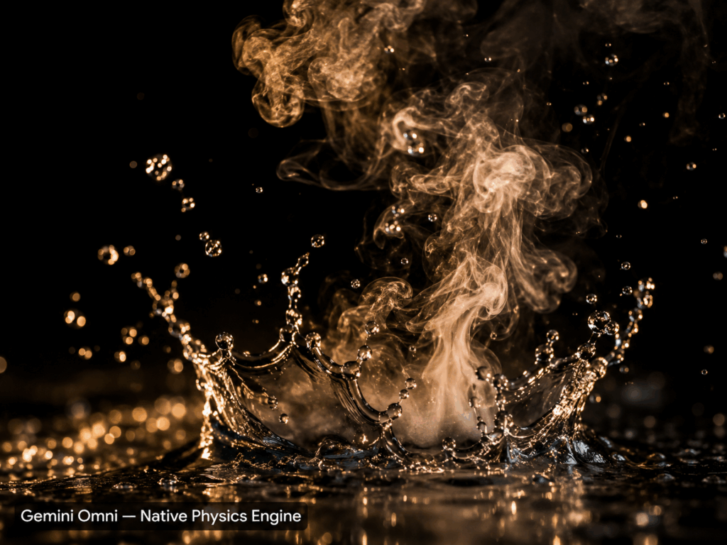 Gemini Omni AI video model demonstrating realistic water and smoke physics with no artificial artifacts