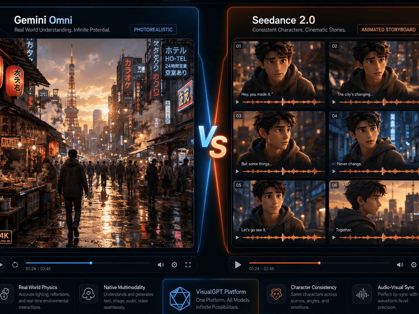 Side-by-side comparison of Gemini Omni and Seedance 2.0 AI video models showing their core strengths — physics realism vs character consistency