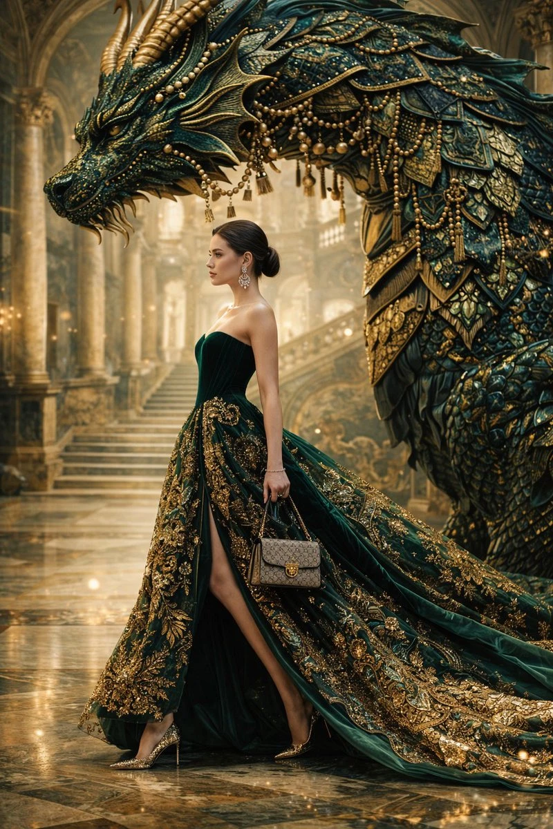 Couture Woman and Colossal Dragon in Renaissance Palace