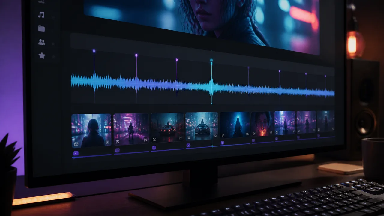 AI music video generator interface with a beat-synced timeline and storyboard thumbnails