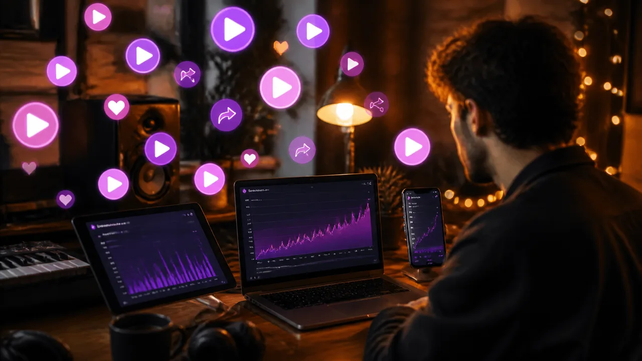 Music creator watching video plays climb across phone, tablet and laptop screens