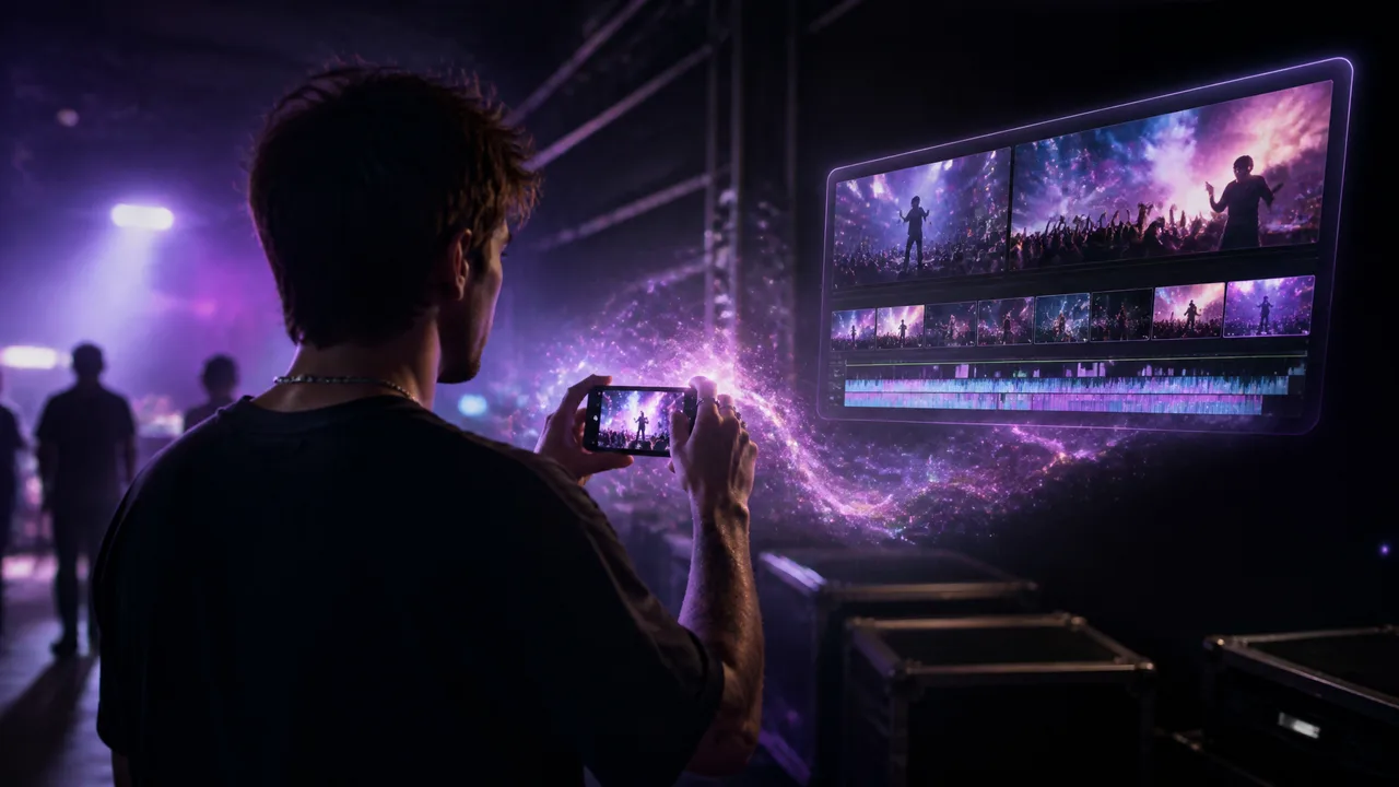 Creator filming phone footage and compositing it into a beat-synced edit with AI transitions
